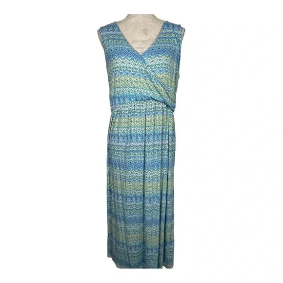 J Jill Maxi Dress Blue Green Surplice V-Neck Sleeveless Stripes Soft Stretch - Picture 2 of 6